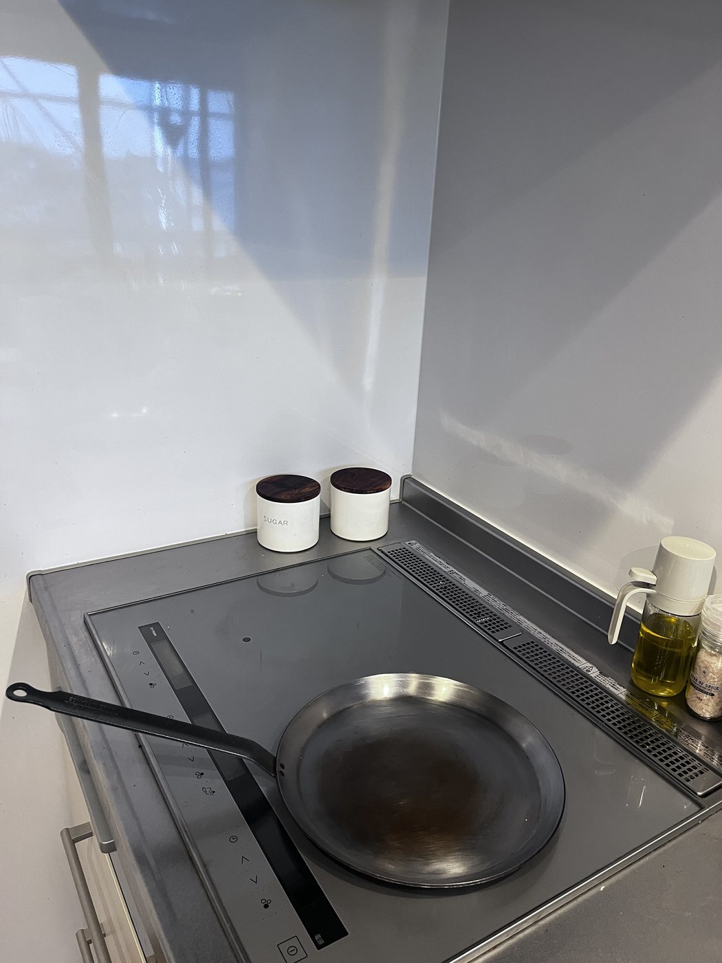 An induction hob with a smooth wipe-clean panel on the wall behind it