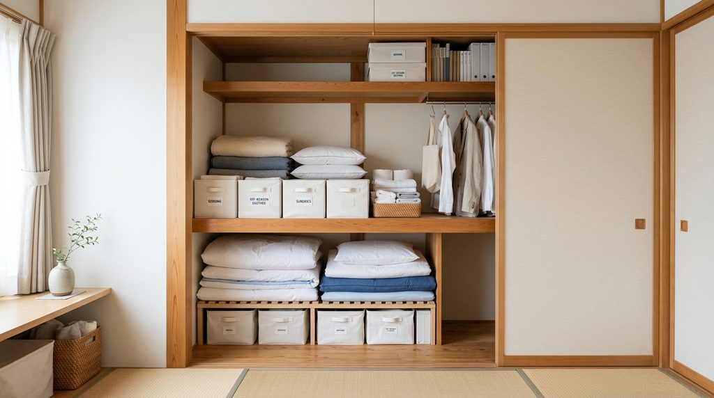 A tatami room with an oshiire, its sliding doors open to show the shelf dividing it into an upper and lower half