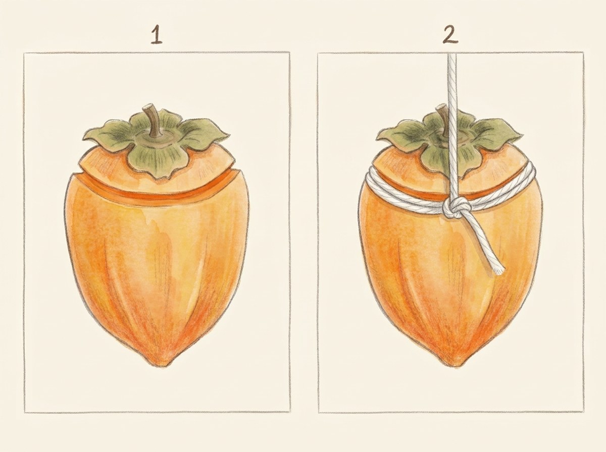 Two-step illustration: a notch cut just under the calyx of a peeled persimmon, then string tied into the notch