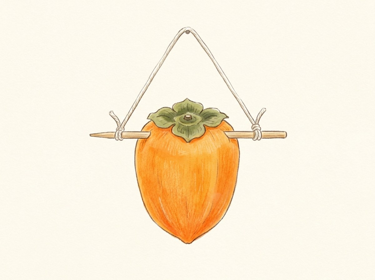 Illustration of a peeled persimmon with a skewer through it just under the calyx and string tied to both ends