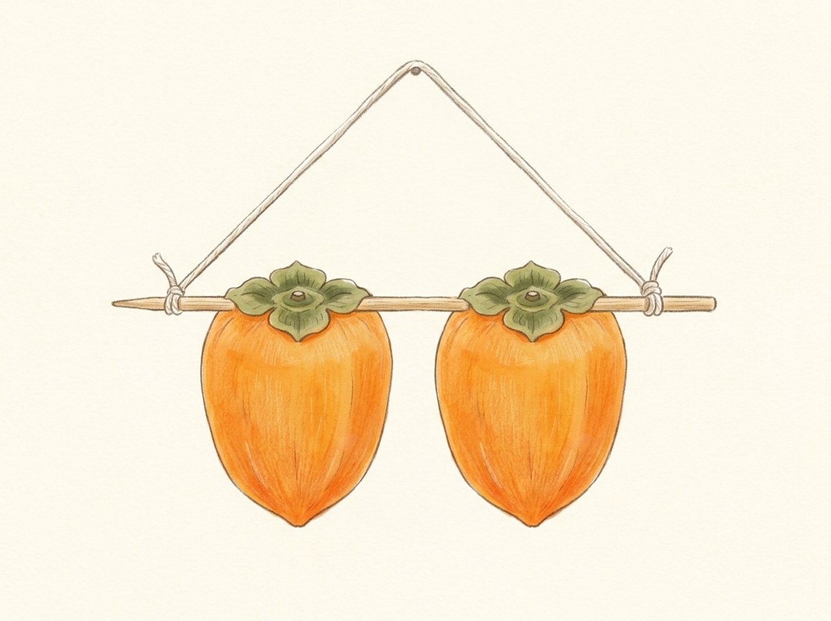 Illustration of two peeled persimmons on one skewer, hung by a string tied to both ends