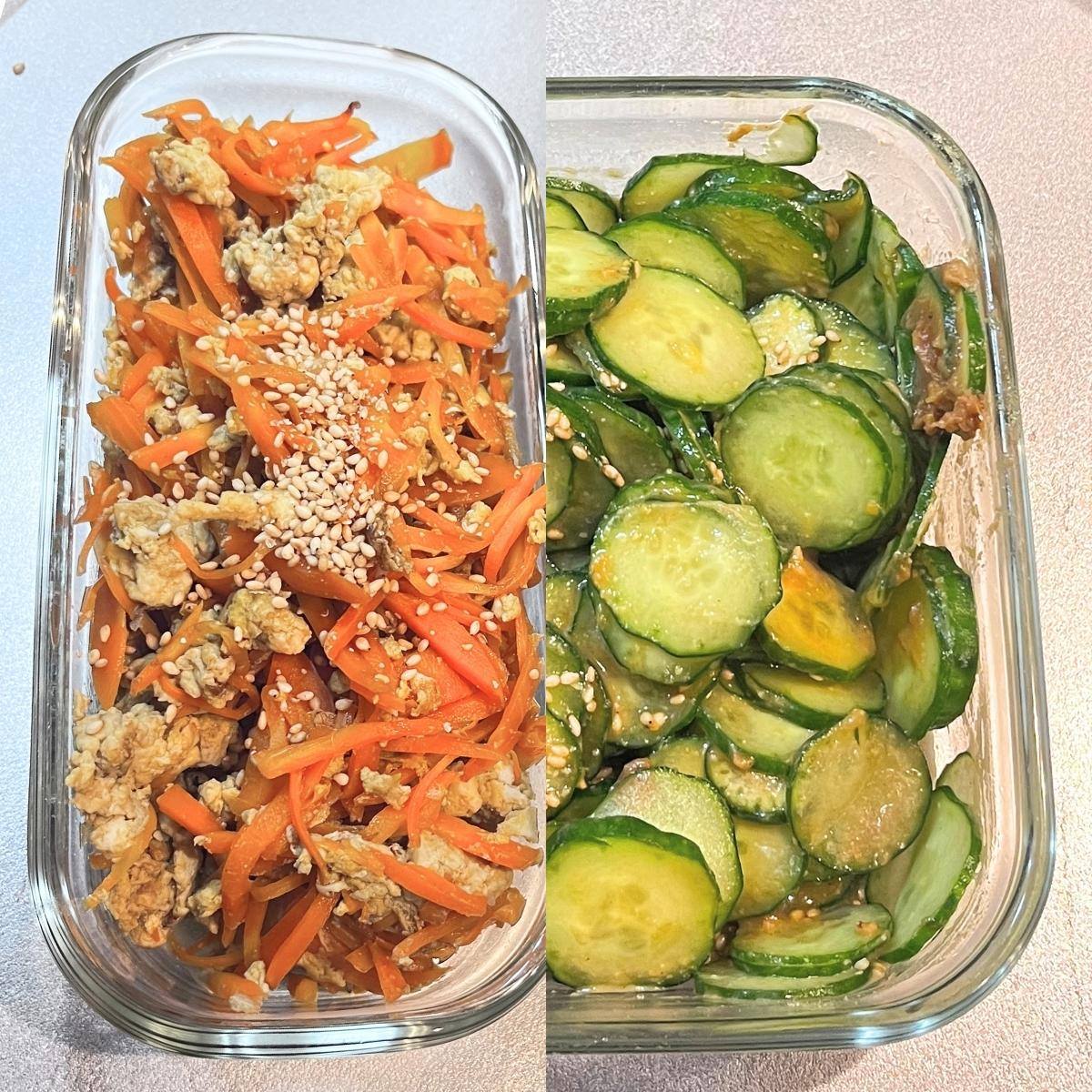 Carrot shirishiri with sesame seeds and sesame miso cucumber, each in a glass container, side by side