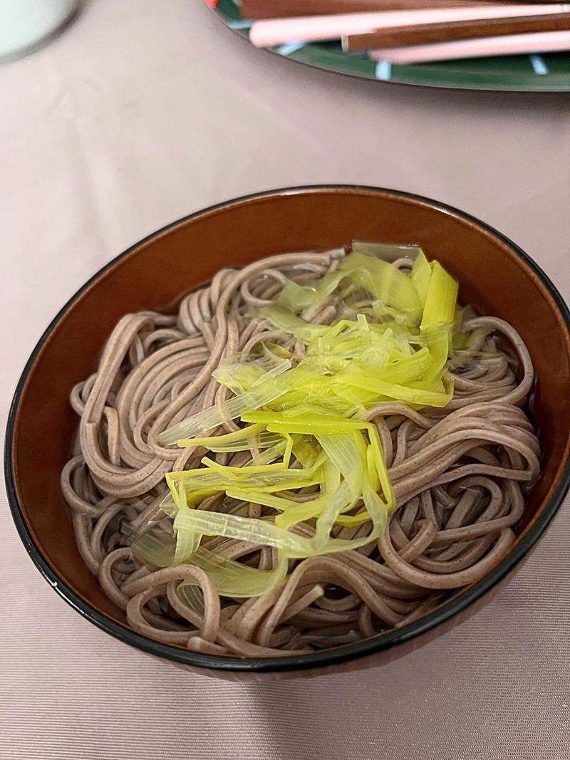 A bowl of soba topped with sliced leeks, made by a friend in France