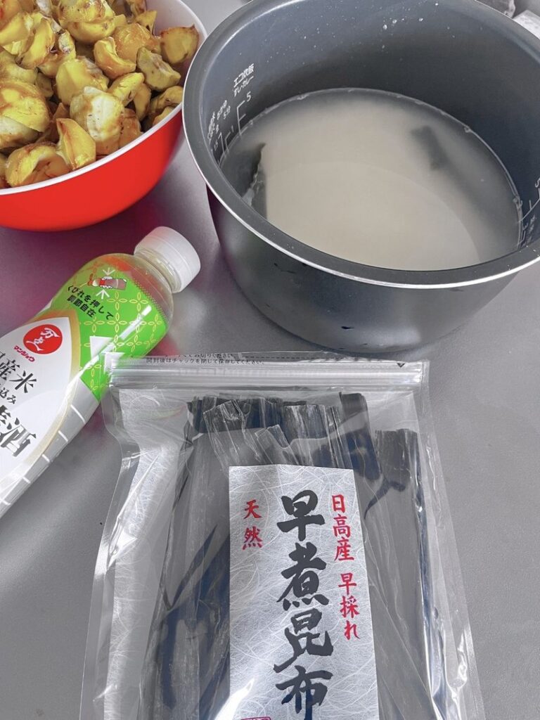 A bag of kombu and a bottle of cooking sake