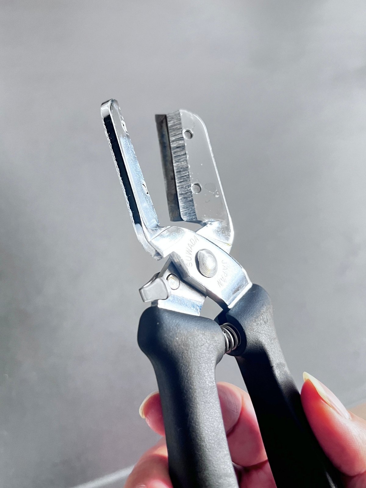 The small lock tab next to the hinge of the chestnut peeler