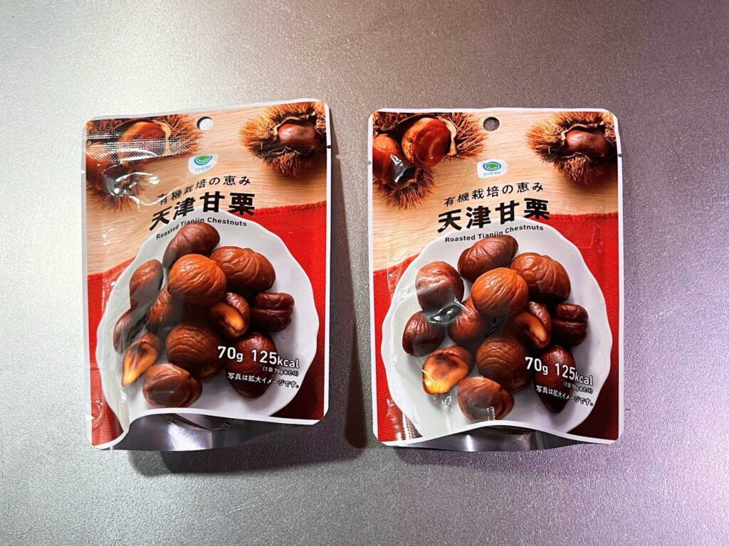Two 70g bags of roasted peeled Tianjin chestnuts from a Japanese convenience store