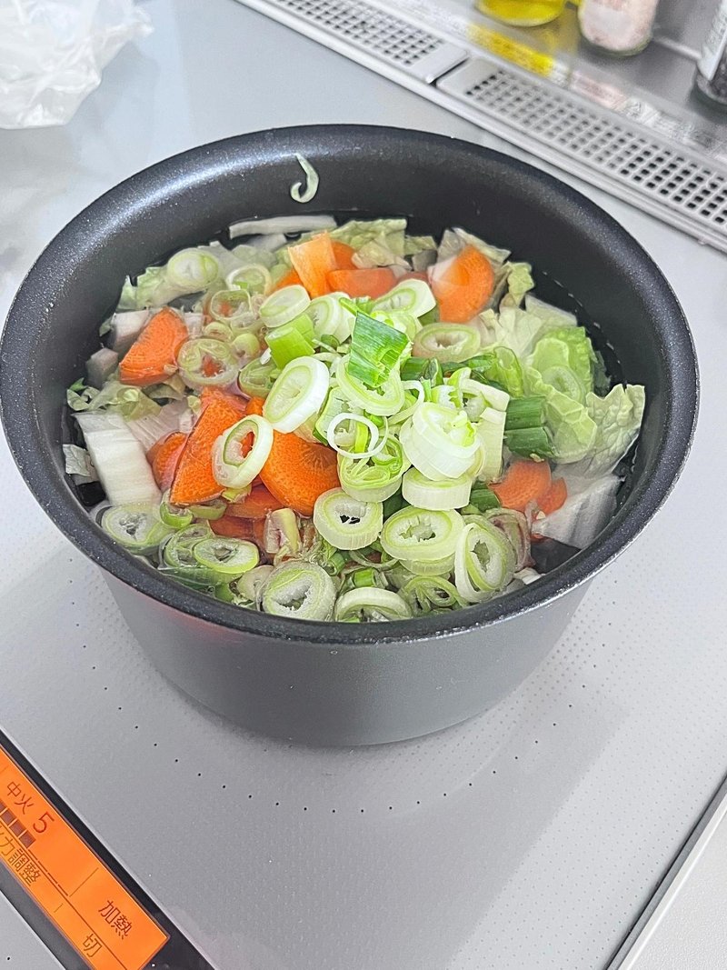 A 16 cm pan filled with napa cabbage, carrot, green onion and water on an induction cooktop